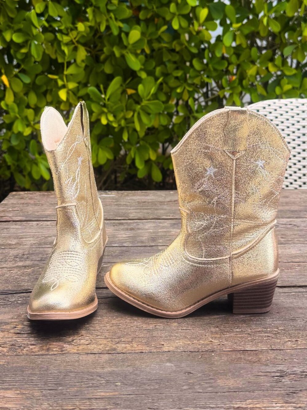 Western Cowgirl Boots Girls Cowboy Boots Round Toe Shimmer Gold Silver Stars 1